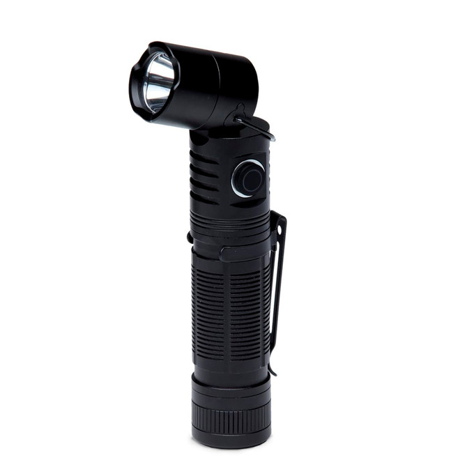 A black torch with a pivoting head, textured grip, and a clip for easy attachment. It features a circular lens at the top.
