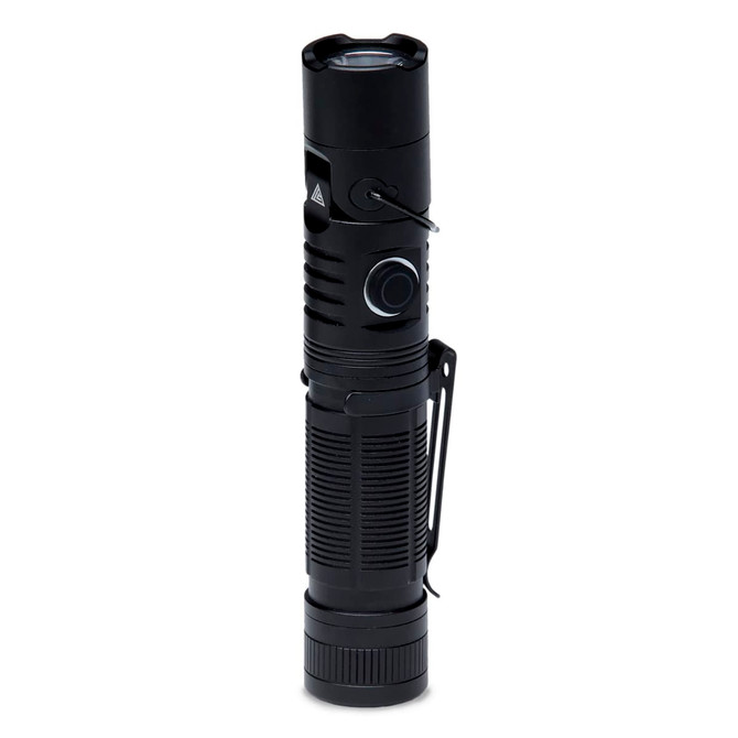 A black torch with a textured body, featuring a clip, button, and head for adjustable focus.