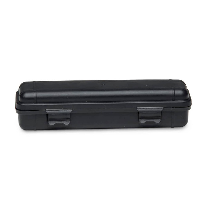 A black rectangular case with two clips, designed for storage and protection of items.