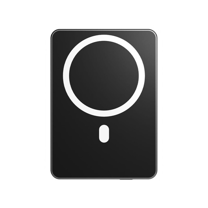 A black magnetic wireless power bank featuring a circular design and a small indicator. It includes a logo.