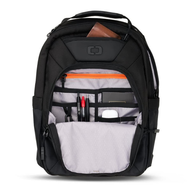A black backpack with multiple compartments, featuring an orange zipper and organisational pockets for accessories and stationery.