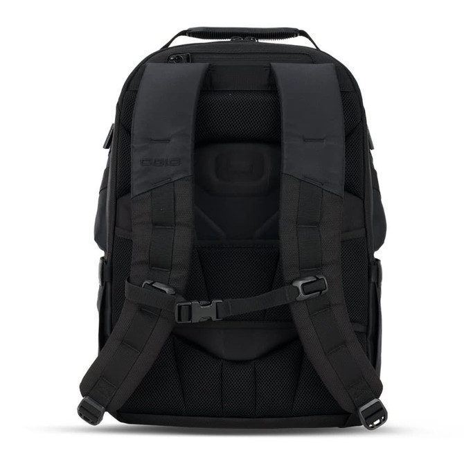 A black backpack with padded straps and a structured design, featuring a logo on the front.