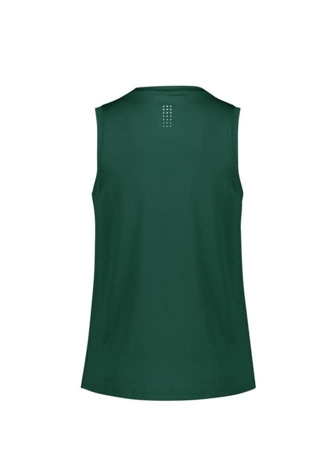 A dark green women's singlet with a sleeveless design and a logo on the back.