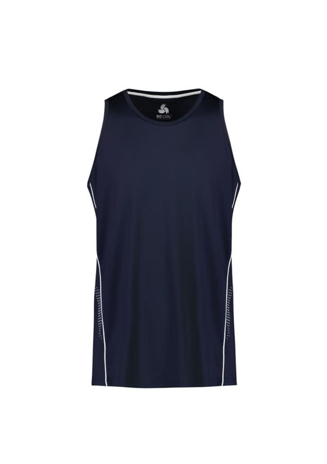 A navy singlet featuring white piping and a logo, designed for men. A navy singlet featuring white piping and a logo, designed for men.