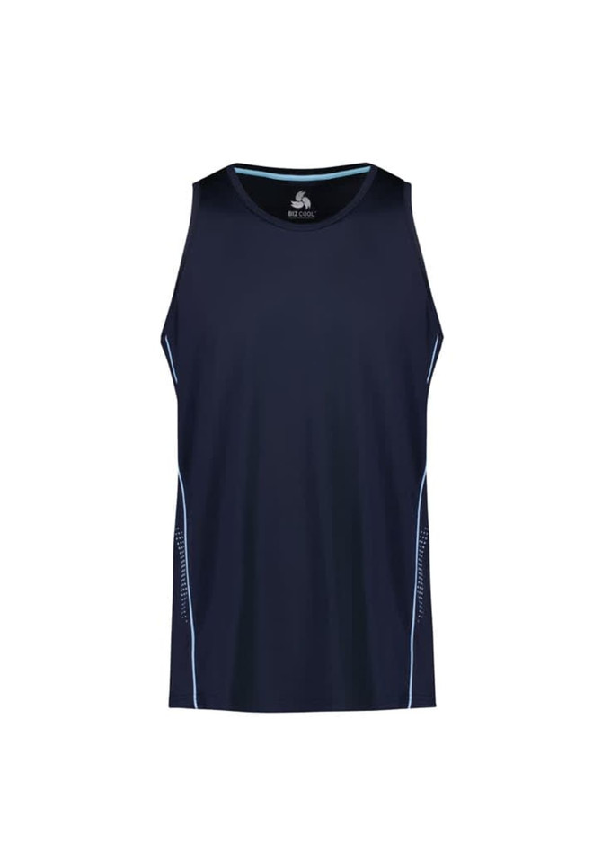 A navy blue men's singlet featuring light blue accents and a logo. The design is simple and athletic. A navy blue men's singlet featuring light blue accents and a logo. The design is simple and athletic.