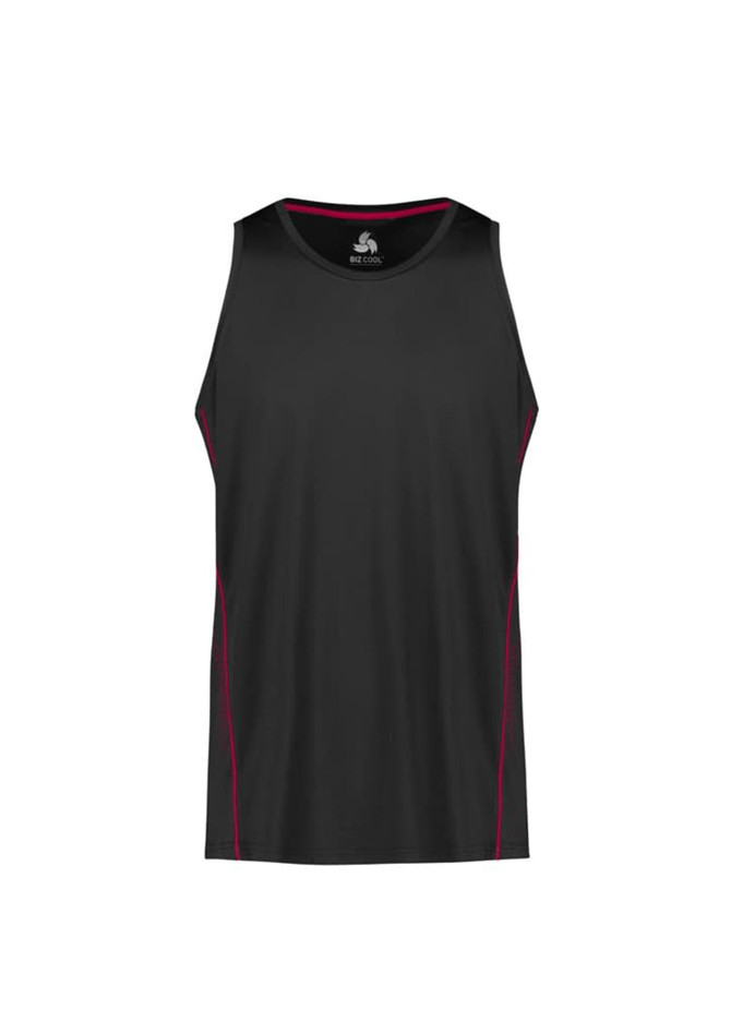 A black men's singlet featuring red accents and a logo at the collar. Retail product with a sporty design. A black men's singlet featuring red accents and a logo at the collar. Retail product with a sporty design.