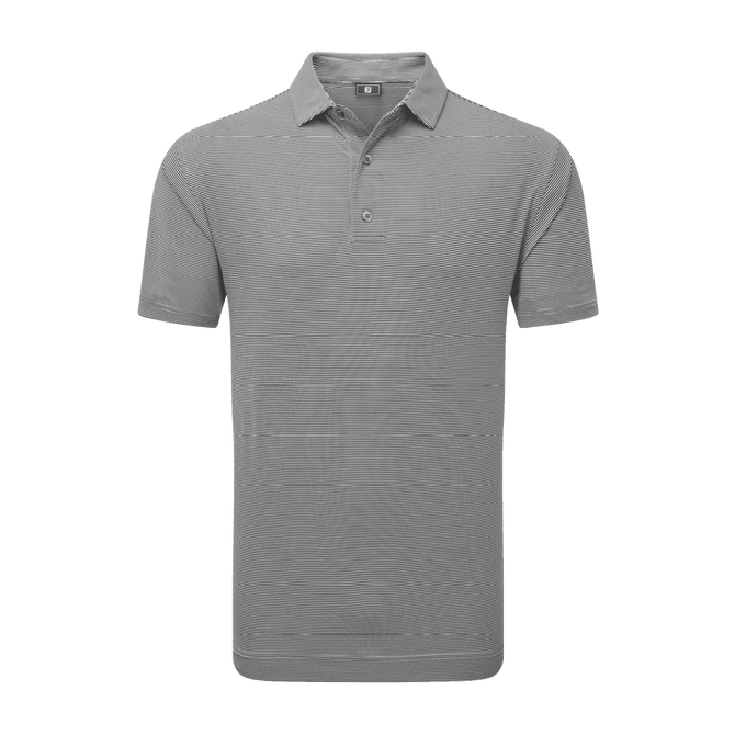 A men's grey polo shirt with a striped pattern and a collar, featuring a logo on the chest.
