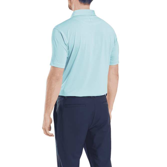 A men's short-sleeve polo shirt in light blue, featuring a subtle strip and a collar, with a dark background.