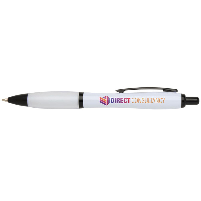 A black and white pen featuring a logo, with a sleek design for writing.