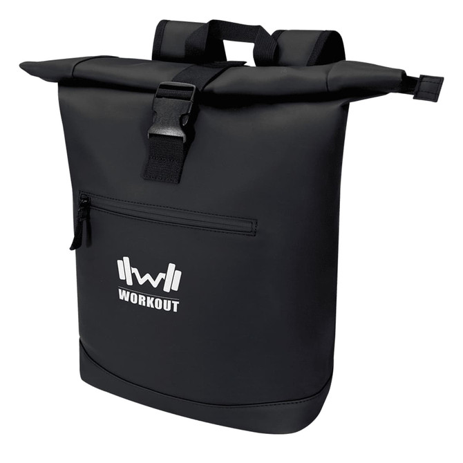 A black roll-top backpack with adjustable straps and a front zipped pocket, featuring a logo.