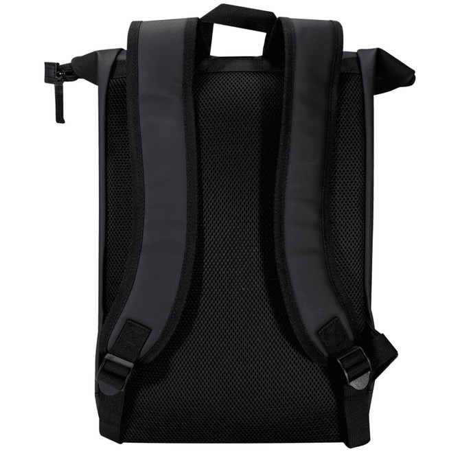 A black roll-top backpack featuring padded adjustable straps and a mesh back for comfort. It has a logo on the exterior. A black roll-top backpack featuring padded adjustable straps and a mesh back for comfort. It has a logo on the exterior.
