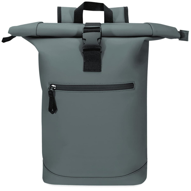 A grey roll-top backpack featuring a zippered front pocket and a secure buckle closure. Brand logo present.