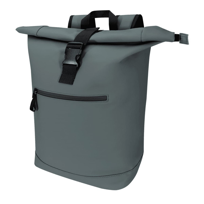 A grey roll-top backpack with a front zip pocket and adjustable straps. It has a sleek, modern design and a logo.