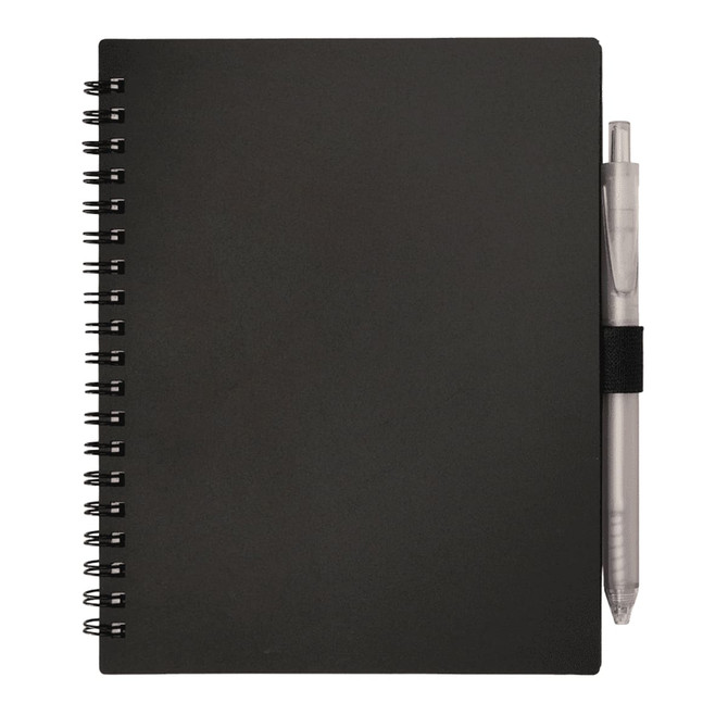A black recycled PP journal with a spiral binding and a grey pen attached. It features a logo on the cover. A black recycled PP journal with a spiral binding and a grey pen attached. It features a logo on the cover.