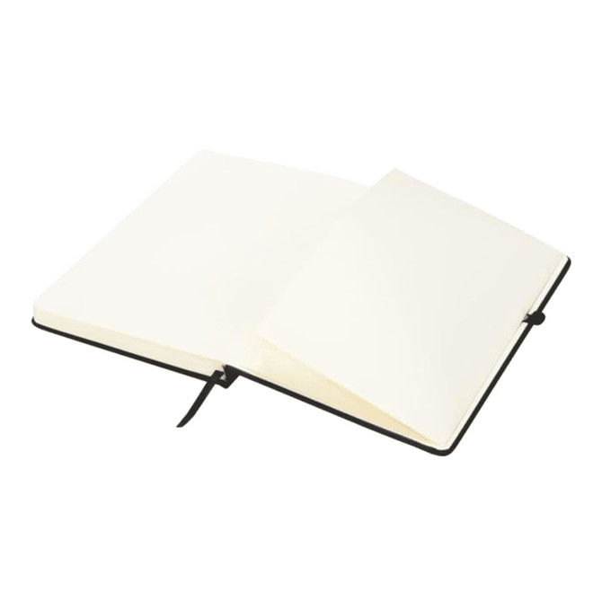 A black notebook with blank pages, opened to show an empty interior. It includes a ribbon bookmark.