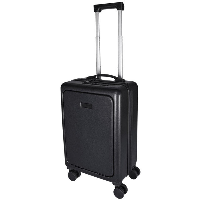 A black wheeled cabin trolley with a retractable handle and four wheels. It features a sleek design and a logo.