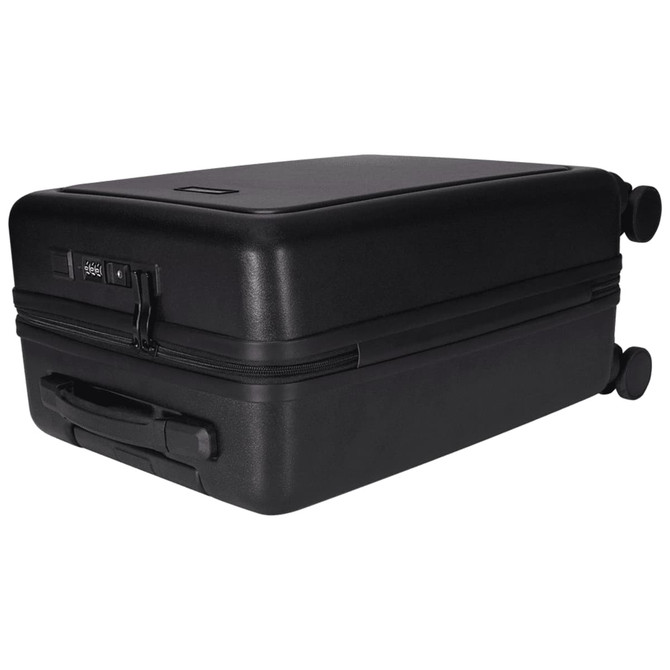 A black wheeled cabin trolley with a sturdy handle, featuring a zip closure and two wheels for easy transport.