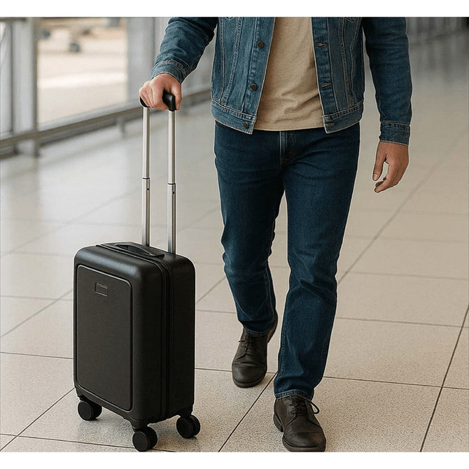 A black wheeled cabin trolley being pulled by a person in denim clothing, on a tiled floor in an airport setting.