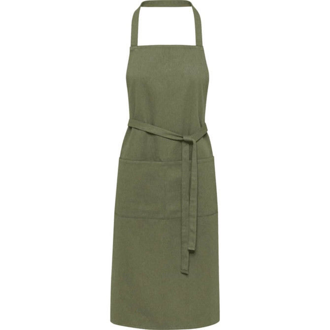 A green apron with a tie belt and two front pockets. The material is heavy and made from recycled fibres. A green apron with a tie belt and two front pockets. The material is heavy and made from recycled fibres.