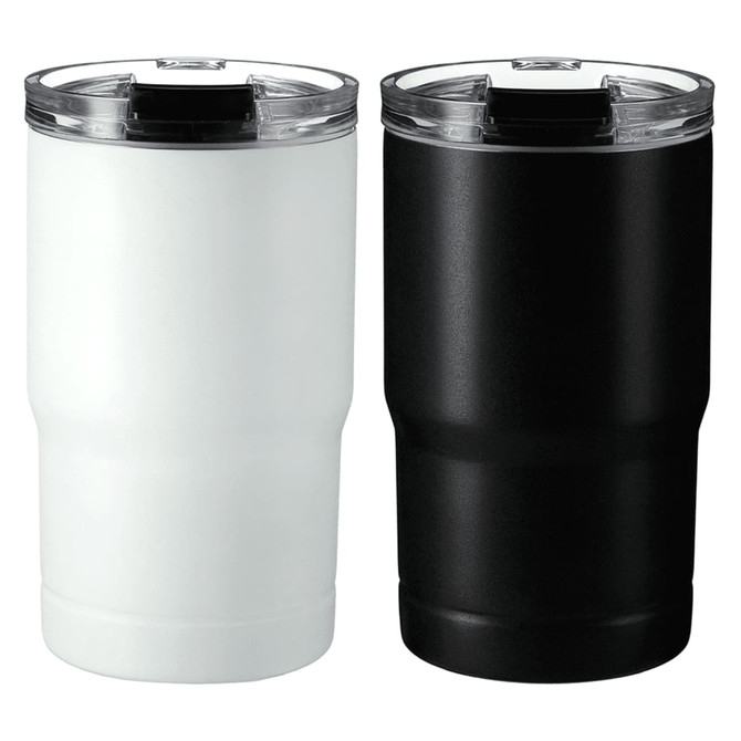A drink bottle set featuring a white and a black 400ml vacuum tumbler with clear lids. Each tumbler has a logo.
