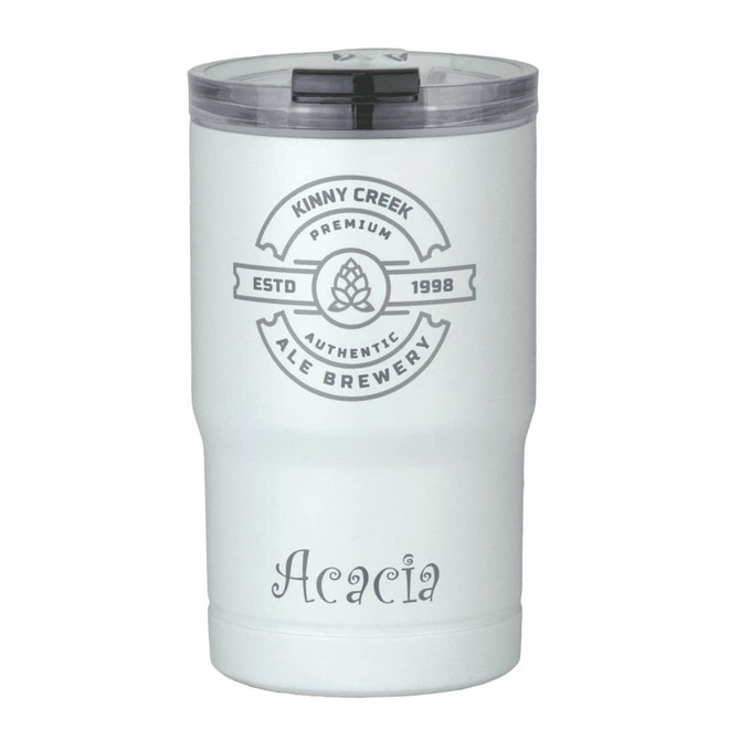 A drink bottle featuring a white design, with a black lid and a logo on the front. It is a vacuum tumbler and cooler.