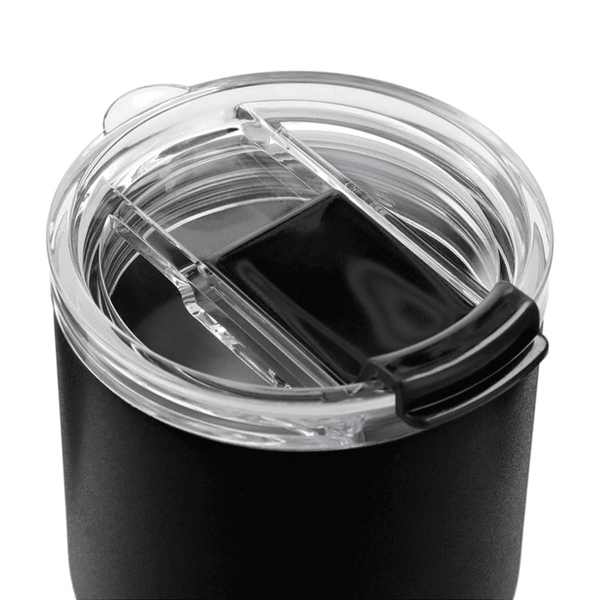 A drink bottle featuring a black exterior and a clear lid with a sliding closure. Includes a logo.