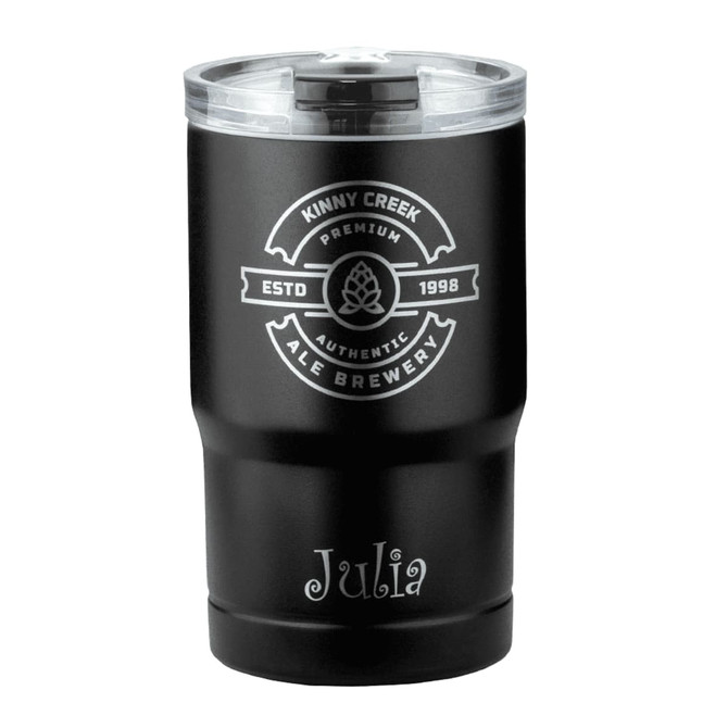 A black vacuum tumbler with a clear lid and a logo. It has a personalised name, "Julia," at the base.