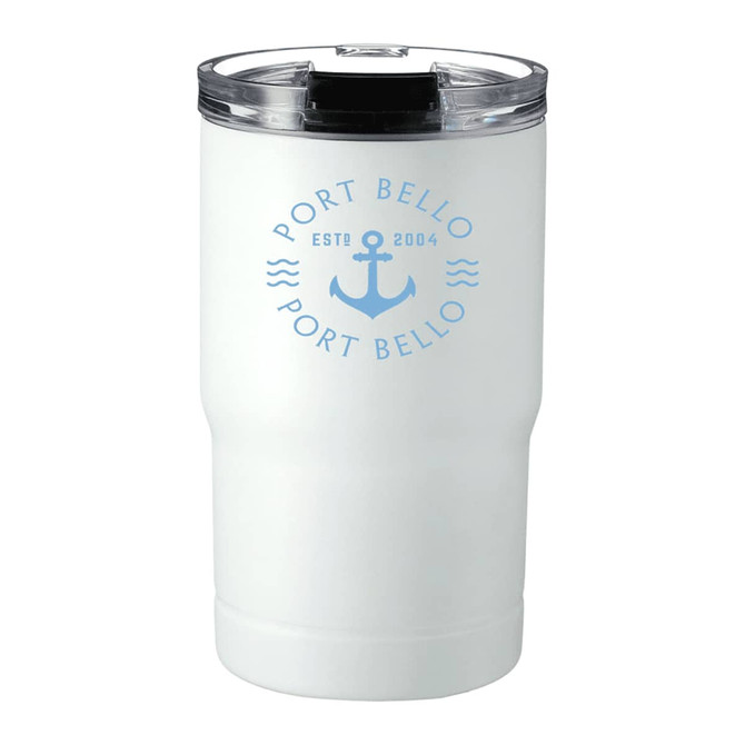 A drink bottle in white with a clear lid and a logo. It’s a 400ml vacuum tumbler suitable for travel.