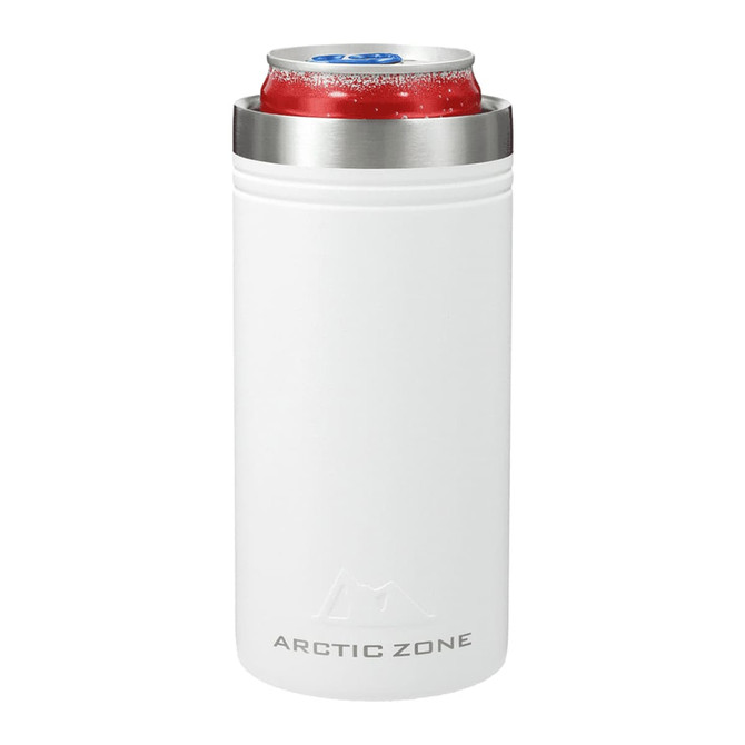 A drink bottle in white with a stainless steel top, designed to hold standard 350ml cans. Features a logo.