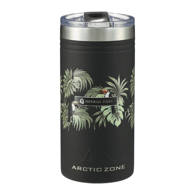 A drink bottle featuring a matte black design with tropical foliage and a silver lid, complete with a logo.