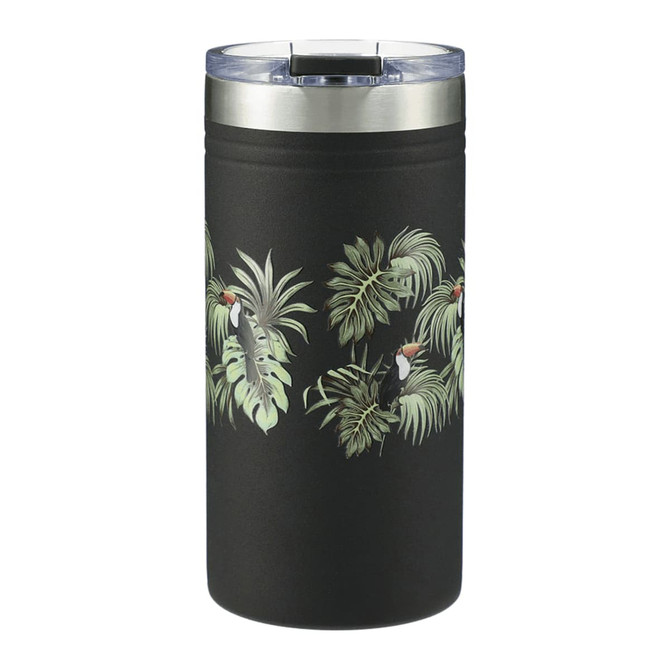 A drink bottle in matte black featuring tropical leaves design, with a silver lid and a branding logo.