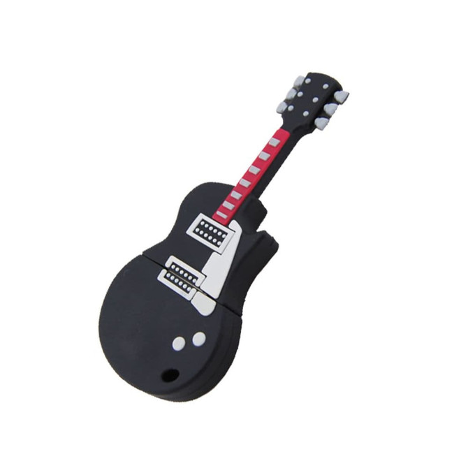 A black guitar-shaped USB flash drive with red and white details and a logo on it.