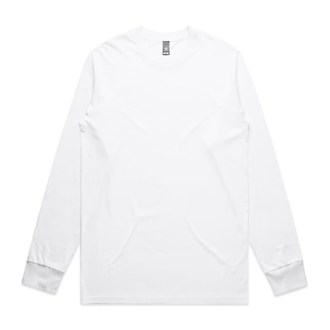 A white long-sleeve T-shirt with a simple design and a logo on the neckline.