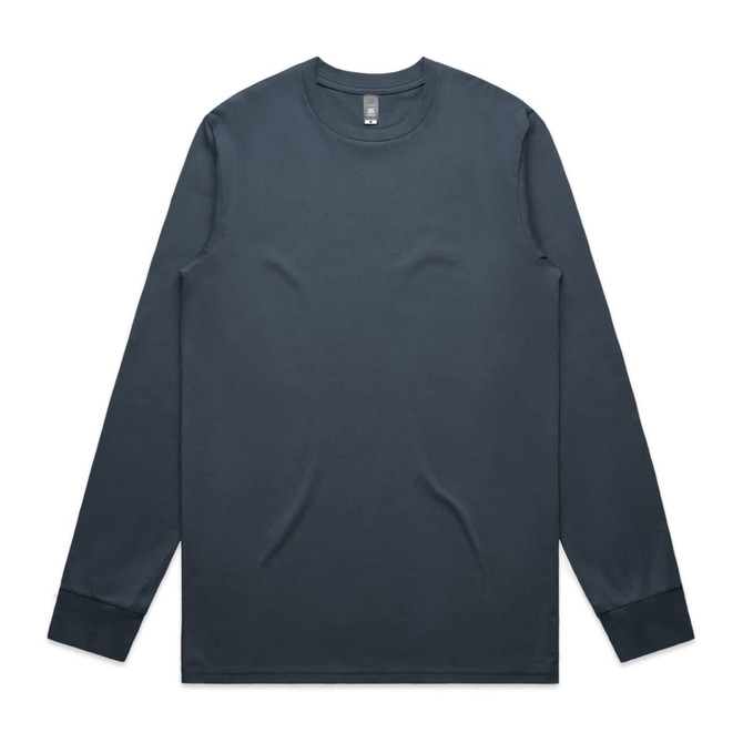 A long-sleeve T-shirt in a dark blue shade with a crew neck and a branding logo on the label.