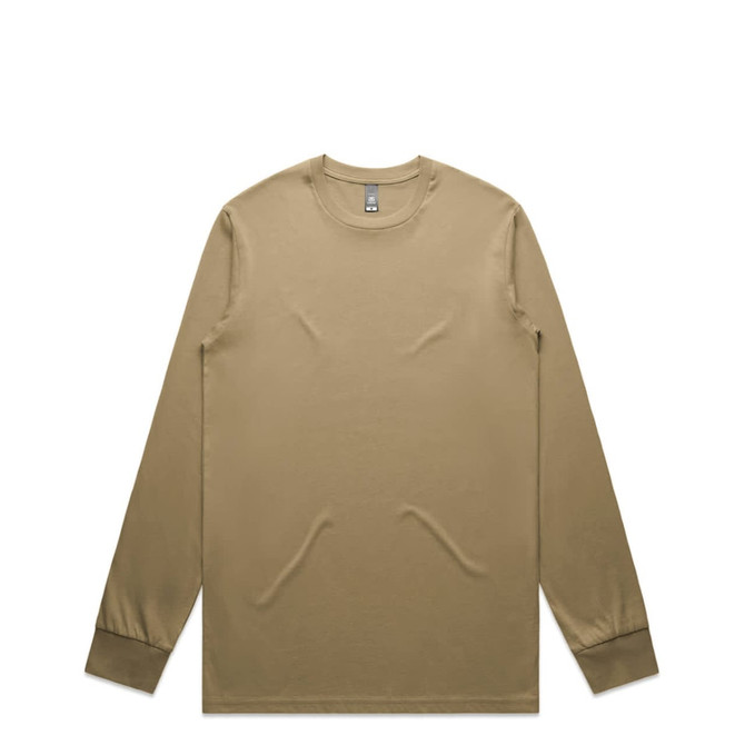 A long-sleeve t-shirt in a tan colour, featuring a simple design and a logo on the neckline.