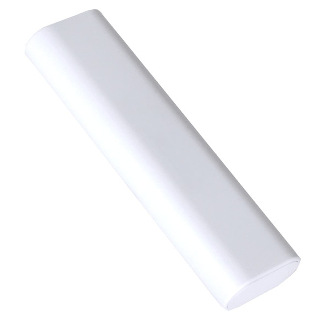 A white modular charging cable made from recycled plastic, featuring a sleek, rounded design and a logo.