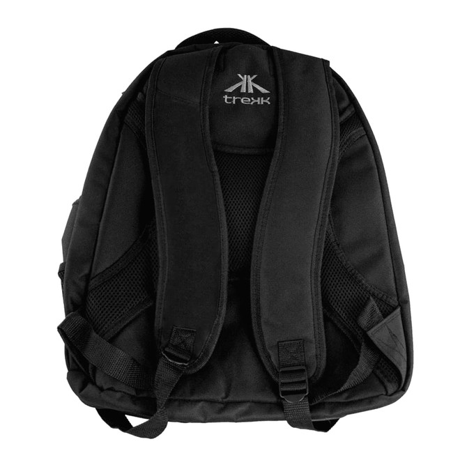 A black computer backpack with padded straps and a textured back panel. It features a logo on the front.