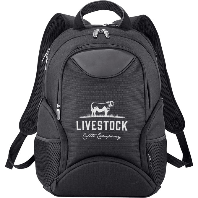 A black laptop backpack with multiple compartments and a logo. Features padded straps and mesh side pockets.