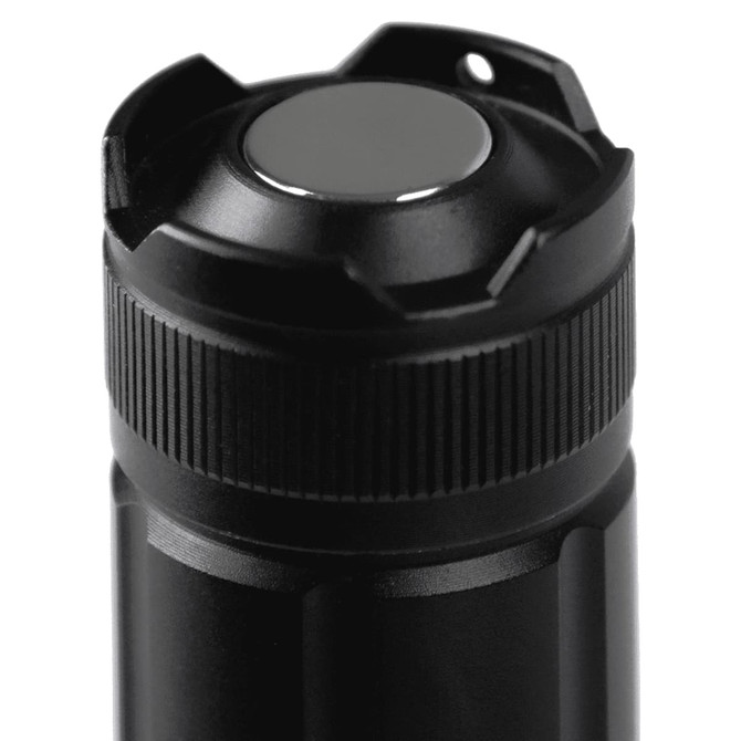 A black LED torch featuring a textured grip and a rounded top with a circular button. It has a logo on the surface.