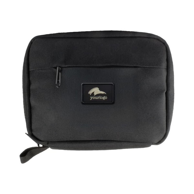 A black eco accessory pouch with a zippered pocket and a logo. The pouch has a rectangular shape and sturdy design.