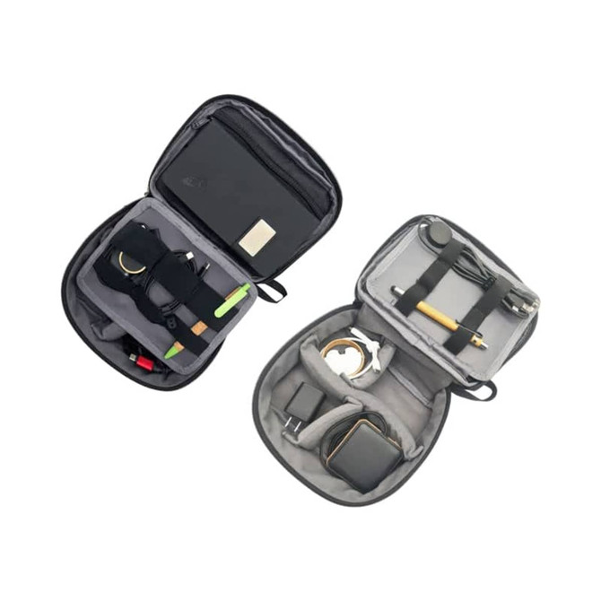 A grey eco accessory pouch with compartments for pens, cables, a notebook, and various small items.