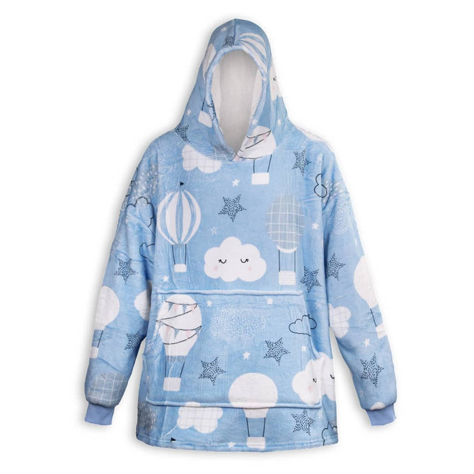 A blue blanket hoodie with a playful design featuring hot air balloons and clouds, complete with a hood.