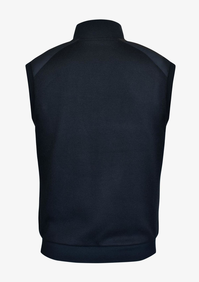 A navy blue sleeveless vest with a high collar and a smooth fabric finish, featuring a logo on the back.