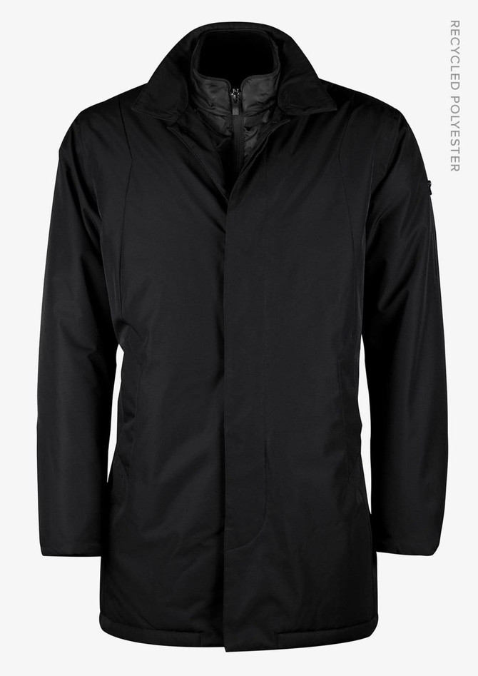 A black men's jacket featuring a collar and a logo, made from recycled polyester.