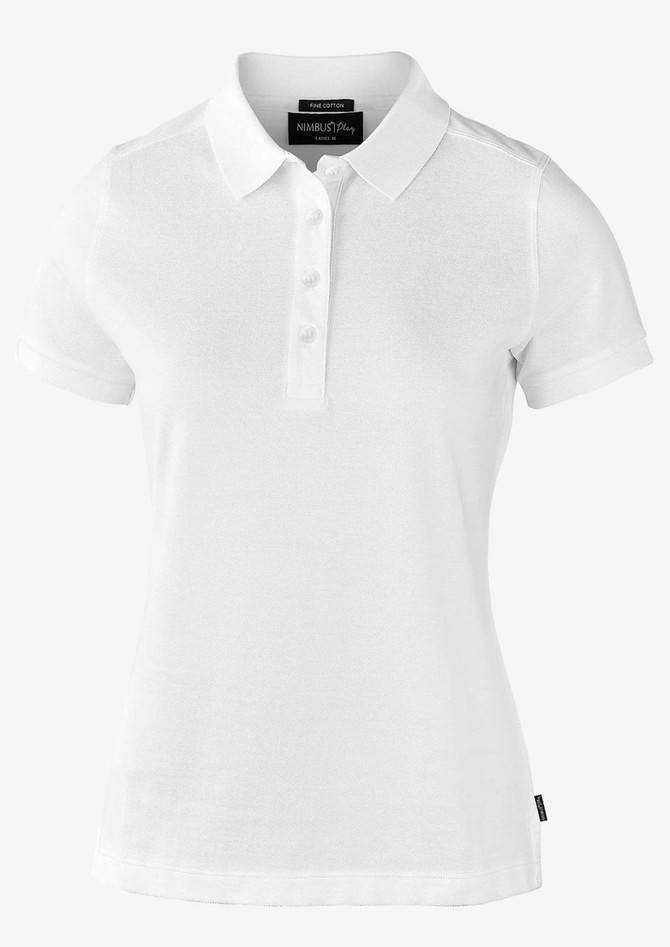 A white women's polo shirt featuring a classic collar and buttons, with a logo on the side.