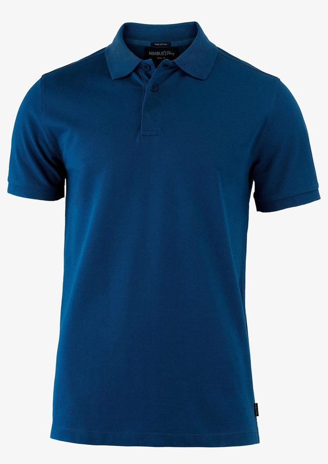 A blue polo shirt with a collar and short sleeves, featuring a logo on the side.
