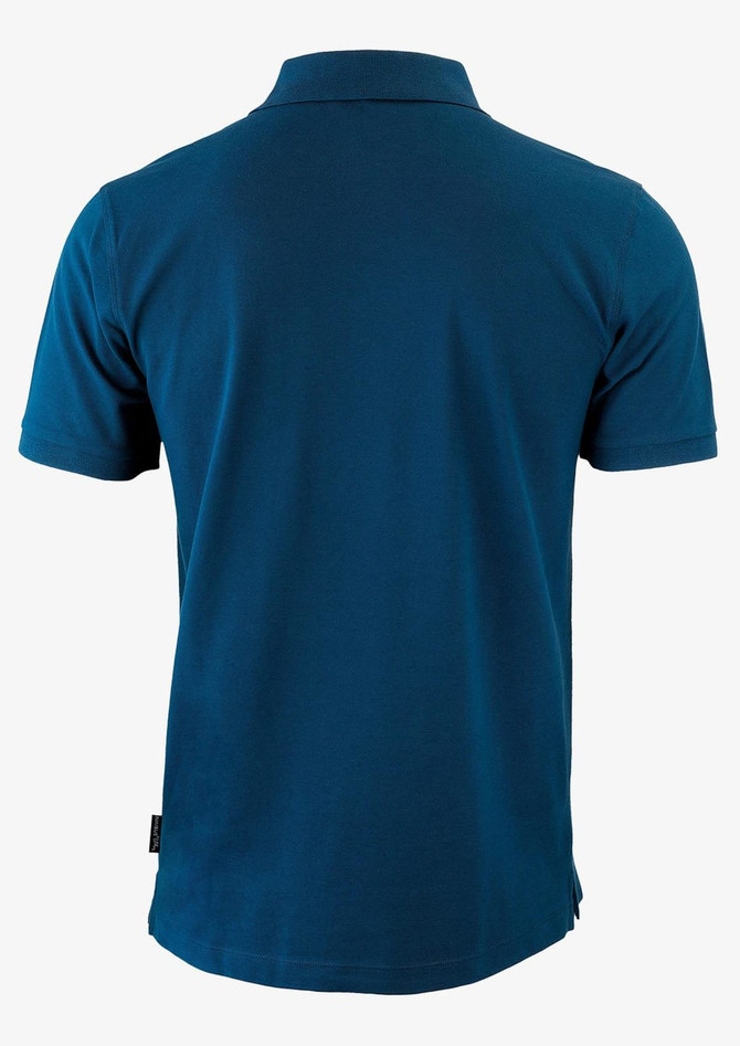 A blue polo shirt with a standard collar and short sleeves, featuring a branding logo.