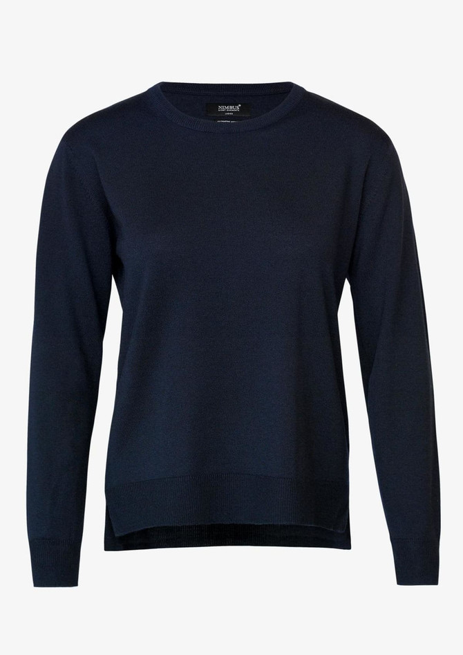 A navy blue knitted jumper with a crew neckline and long sleeves. It features a subtle logo on the tag.