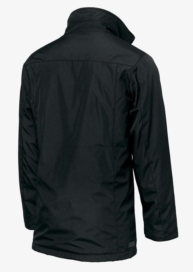 A black Bellington men's jacket featuring a collared design and a back view, showcasing its sleek silhouette.