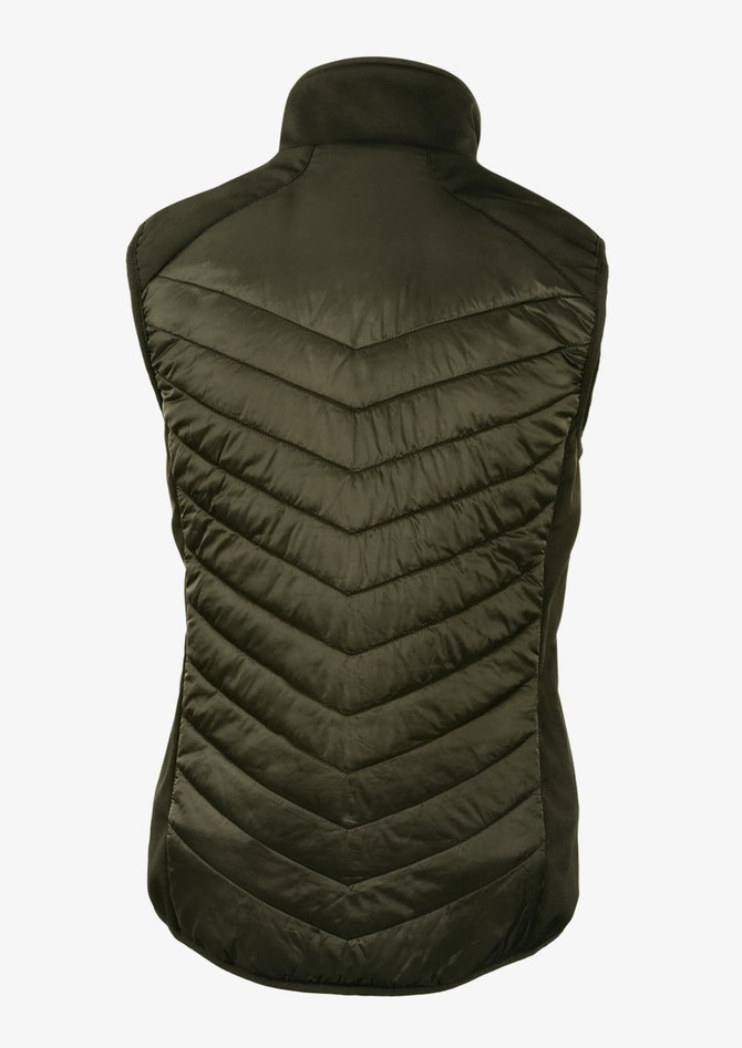 A dark olive green vest featuring a quilted chevron design and a high collar. It has a logo on the chest.